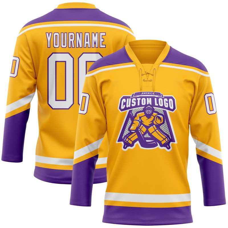 Custom Name and Number Personalized Gold White Purple Hockey Jersey Lace Neck Design Personalized Gold White-Purple Hockey