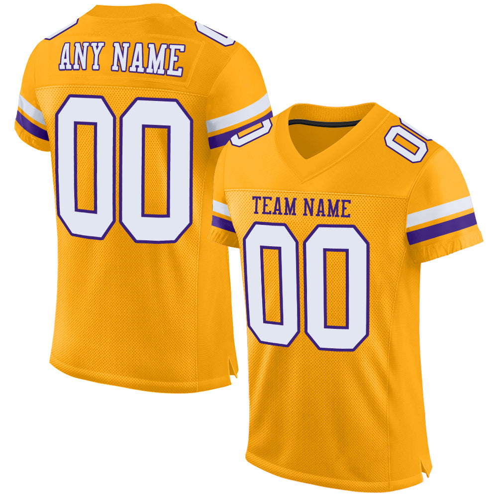 Custom Personalized Football Jersey - Gold White-Purple Mesh Team Name & Number Authentic Personalized Gold White-Purple