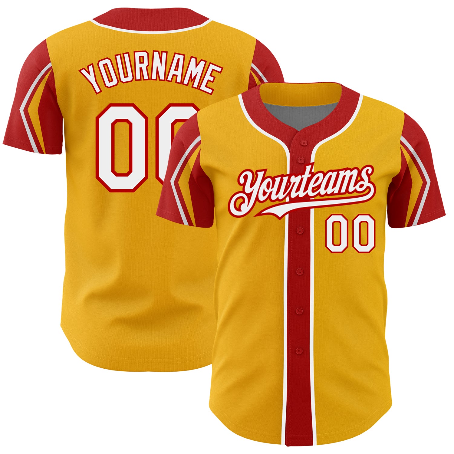 Custom Name Number Baseball Jersey - Personalized Authentic Gold White Red 3 Colors Arm Shapes Team Design Personalized Gold