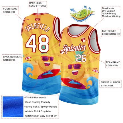 Custom Name and Number Personalized 3D Pattern Basketball Jersey for Summer Beach Surfing - Gold White-Red Team Sports Wear
