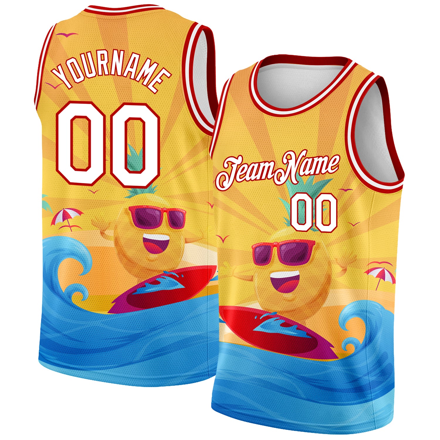 Custom Name and Number Personalized 3D Pattern Basketball Jersey for Summer Beach Surfing - Gold White-Red Team Sports Wear