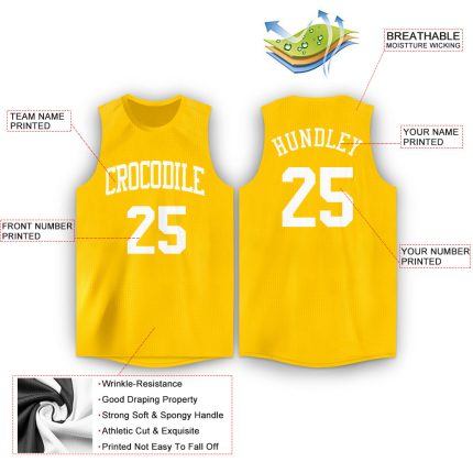 Custom Basketball Jersey with Personalized Name and Number - Gold White Round Neck Team Gear Personalized Gold White Round