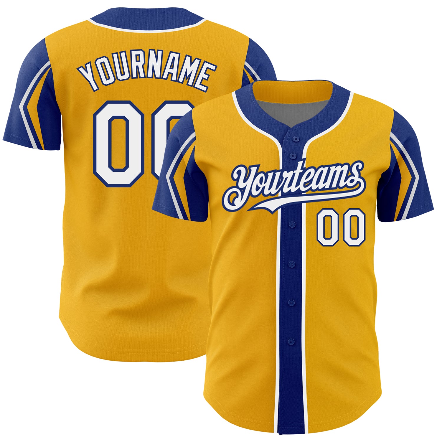 Custom Name and Number Authentic Baseball Jersey in Gold White and Royal - Personalized 3 Colors Arm Shapes Personalized