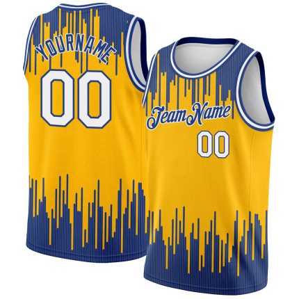 Customizable Basketball Jersey with Personalized Name & Number, Gold White-Royal Abstract Design, Authentic City Edition