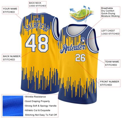 Customizable Basketball Jersey with Personalized Name & Number, Gold White-Royal Abstract Design, Authentic City Edition
