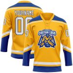 Custom Team Name and Number Personalized Gold White-Royal Hockey Lace Neck Jersey Personalized Gold White-Royal Hockey Lace
