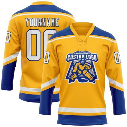 Custom Team Name and Number Personalized Gold White-Royal Hockey Lace Neck Jersey Personalized Gold White-Royal Hockey Lace