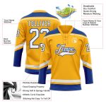 Custom Team Name and Number Personalized Gold White-Royal Hockey Lace Neck Jersey Personalized Gold White-Royal Hockey Lace