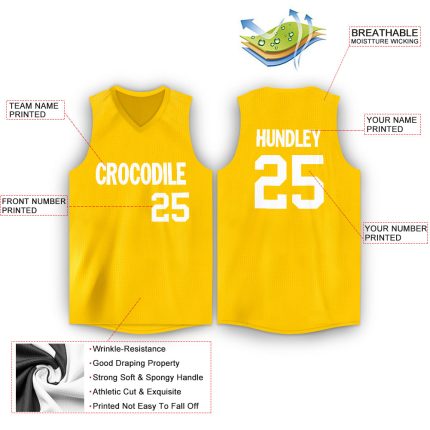 Custom Team Name and Number Personalized Gold White Basketball Jersey V-Neck Personalized Gold White V-Neck Basketball Jersey