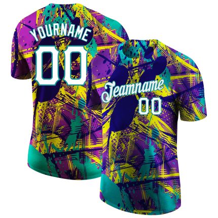 Custom Name Number Urban Pattern 3D Performance T-Shirt White Aqua Personalized Graffiti Design Personalized Graffiti Abstract