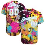 Custom Name and Number Baseball Jersey - Personalized Psychedelic Graffiti 3D Pattern in Bright White and Light Blue Personalized