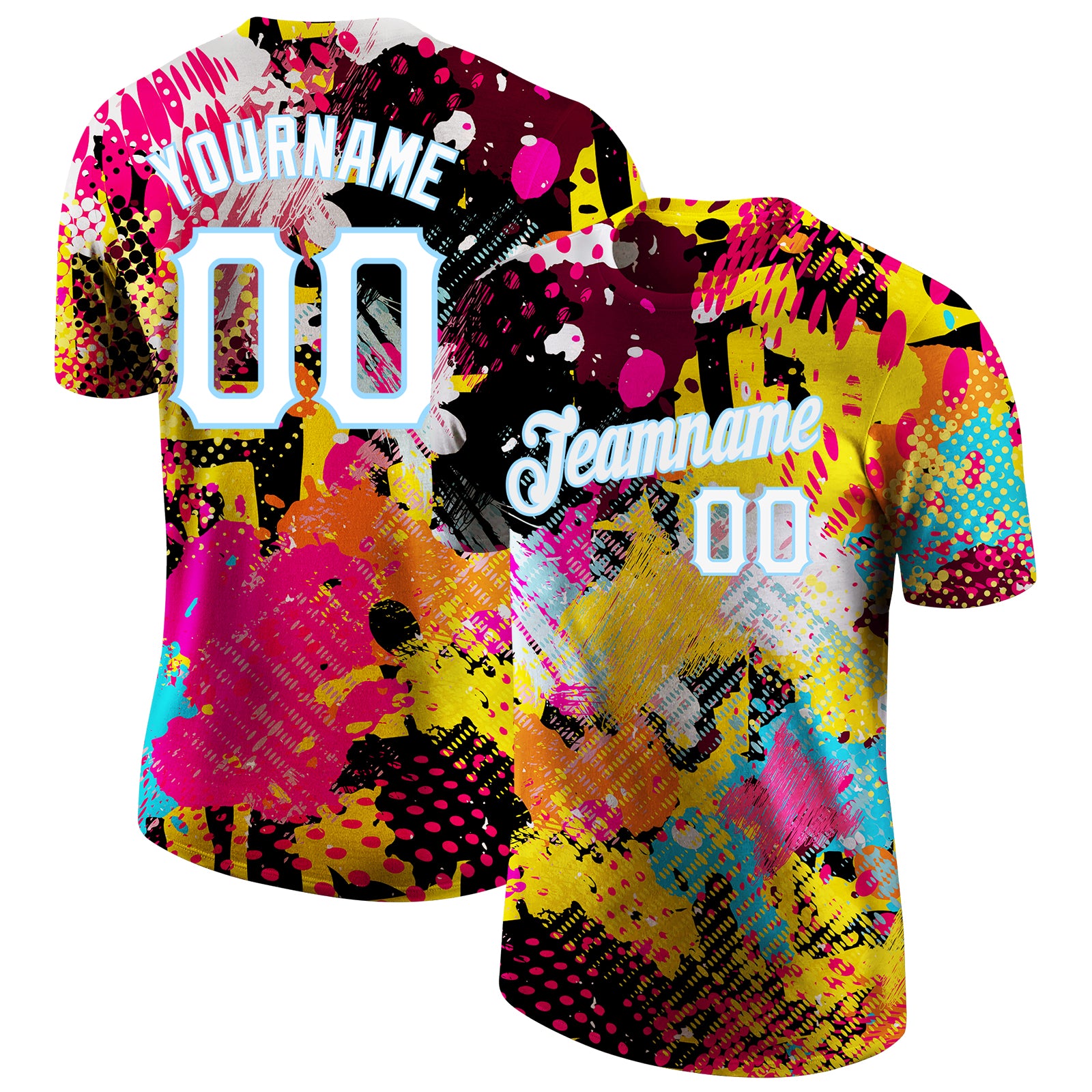 Personalized 3D Performance T-Shirt with Custom Name & Number - Bright Psychedelic Graffiti Pattern in White & Light Blue