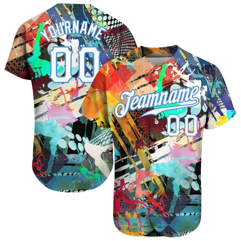 Custom Abstract Graffiti Pattern Baseball Jersey with Personalized Name & Number - White Light Blue 3D Design Personalized