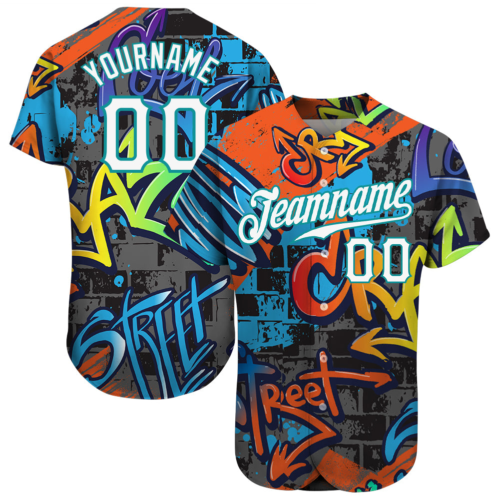 Custom Name Number 3D Baseball Jersey White Teal Graffiti Geometric Pattern Authentic Team Apparel Personalized Graffiti