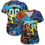 Custom Name Number 3D Baseball Jersey White Teal Graffiti Geometric Pattern Authentic Team Apparel Personalized Graffiti