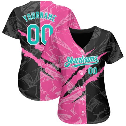 Custom Graffiti Pattern Baseball Jersey with Aqua Black-Pink 3D Design - Authentic Team Jersey with Personalized Name & Number
