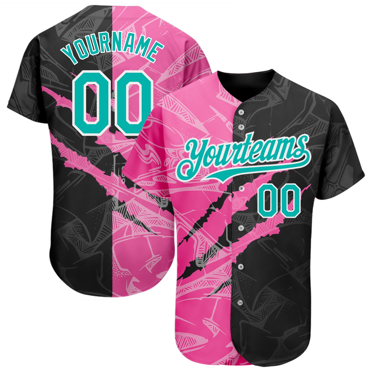 Custom Graffiti Pattern Baseball Jersey with Aqua Black-Pink 3D Design - Authentic Team Jersey with Personalized Name & Number