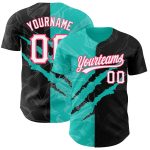 Custom Graffiti Pattern Black Aqua Neon Pink 3D Scratch Baseball Jersey with Team Name and Number Personalized Graffiti Pattern