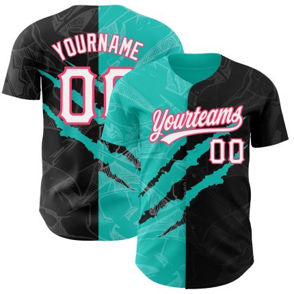 Custom Graffiti Pattern Black Aqua Neon Pink 3D Scratch Baseball Jersey with Team Name and Number Personalized Graffiti Pattern