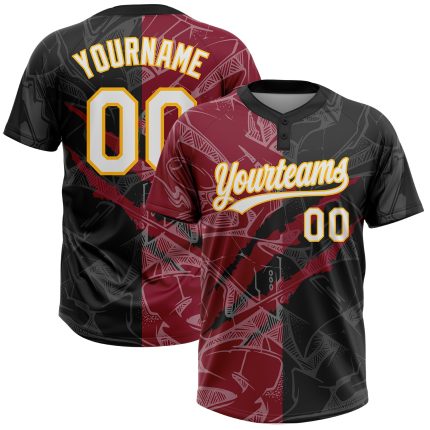 Custom Name and Number Black Crimson-Gold Graffiti Pattern 3D Unisex Softball Jersey - Personalized Two-Button Design Personalized