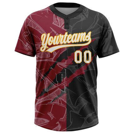 Custom Name and Number Black Crimson-Gold Graffiti Pattern 3D Unisex Softball Jersey - Personalized Two-Button Design Personalized