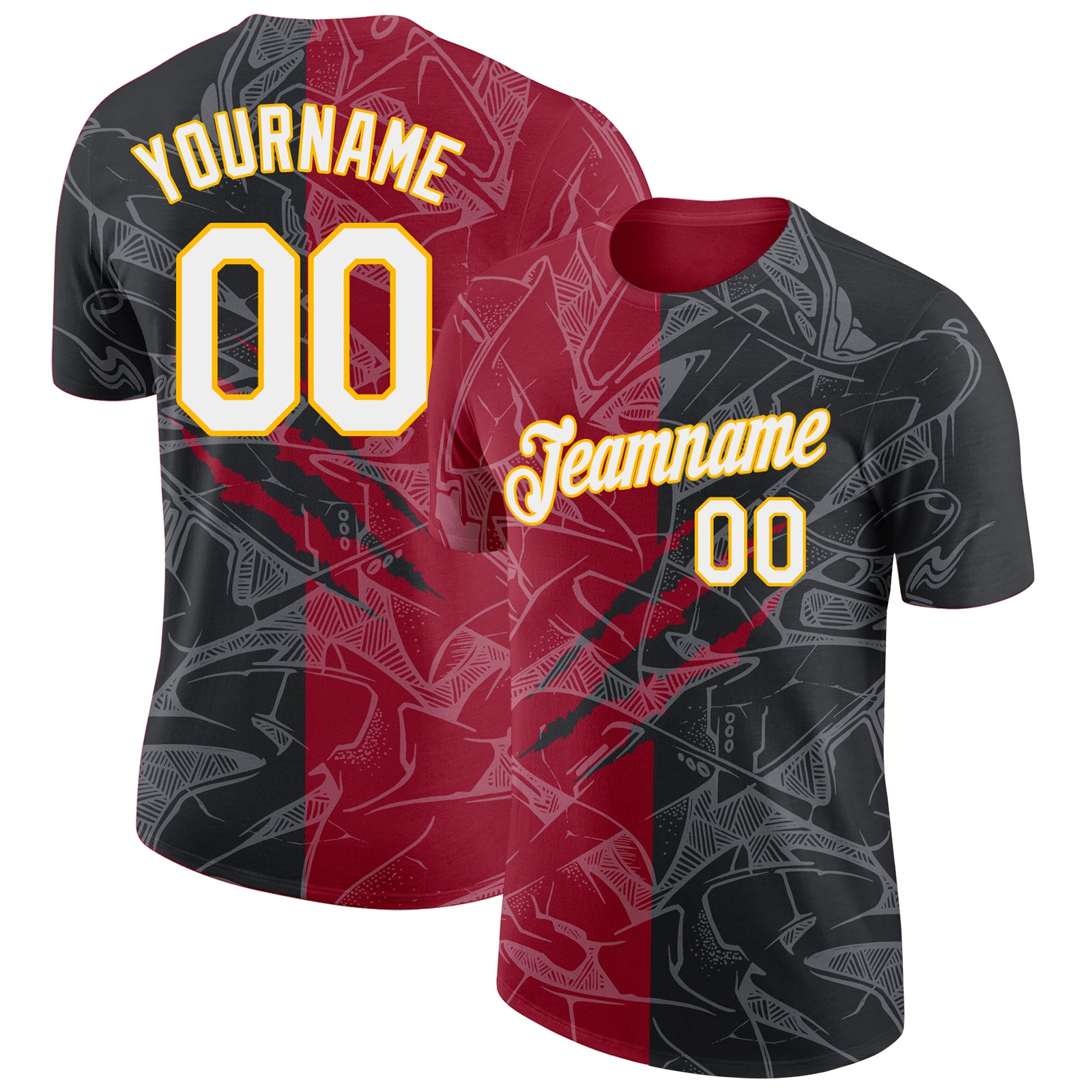 Custom Name and Number 3D Performance T-Shirt - Black Crimson-Gold Graffiti Pattern, Team Apparel Personalized Graffiti Pattern