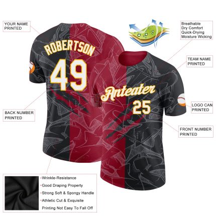 Custom Name and Number 3D Performance T-Shirt - Black Crimson-Gold Graffiti Pattern, Team Apparel Personalized Graffiti Pattern