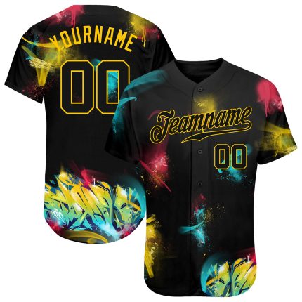 Personalized Black Gold 3D Graffiti Baseball Jersey Custom Name Number Authentic Personalized Graffiti Pattern Black-Gold
