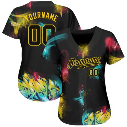 Personalized Black Gold 3D Graffiti Baseball Jersey Custom Name Number Authentic Personalized Graffiti Pattern Black-Gold