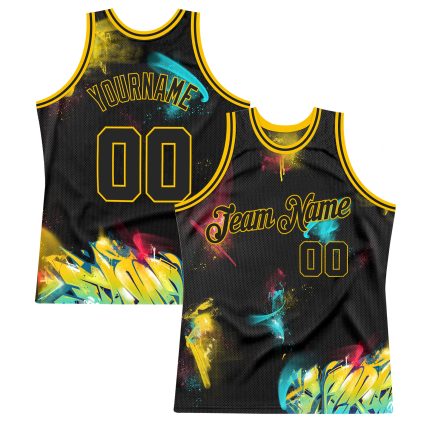 Custom Name and Number Black Gold 3D Basketball Jersey Personalized Graffiti Pattern Authentic Team Apparel Personalized