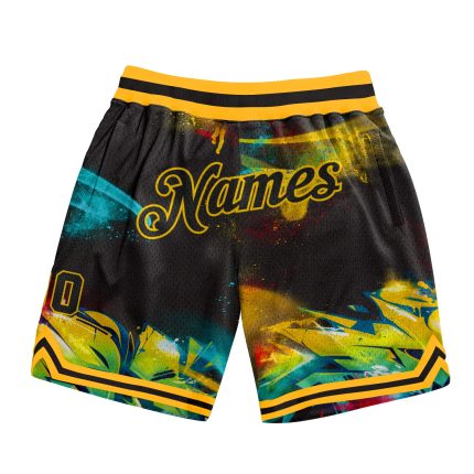 Custom Black Gold Graffiti Pattern 3D Basketball Shorts with Name and Number - Personalized Team Gear Personalized Graffiti