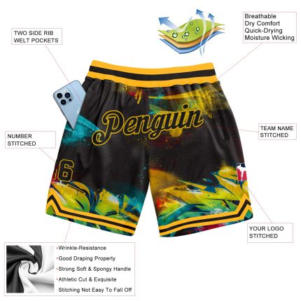 Custom Black Gold Graffiti Pattern 3D Basketball Shorts with Name and Number - Personalized Team Gear Personalized Graffiti