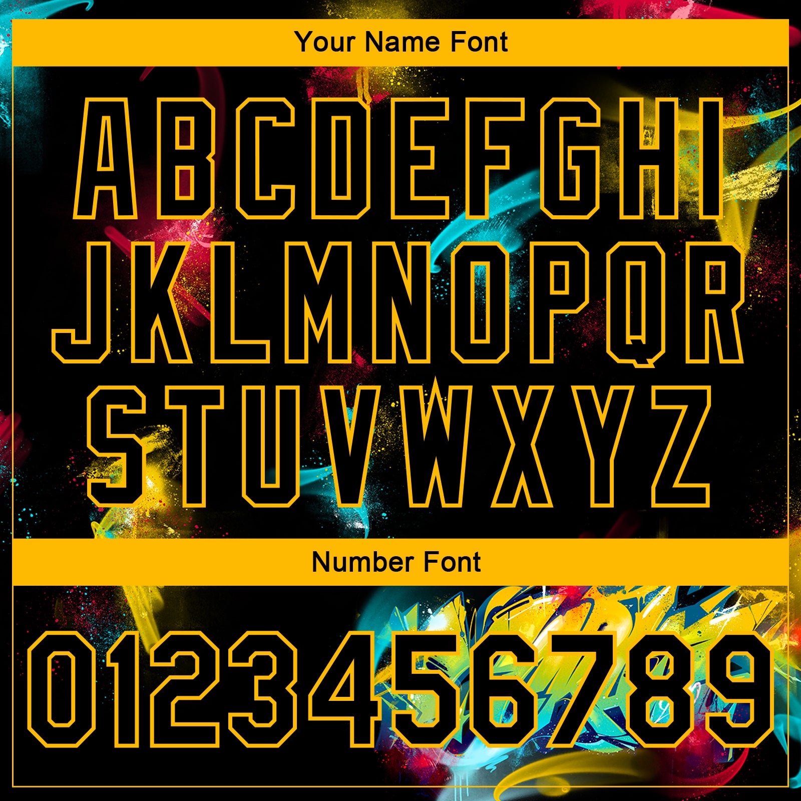 Personalized Graffiti Pattern Black-Gold 3D Bomber Full-Snap Varsity Letterman Jacket Team Custom Name and Number Custom Name Number 3D Bomber Varsity Letterman Jacket Black Gold Personalized Graffiti Pattern Personalized Graffiti Pattern - Image 5