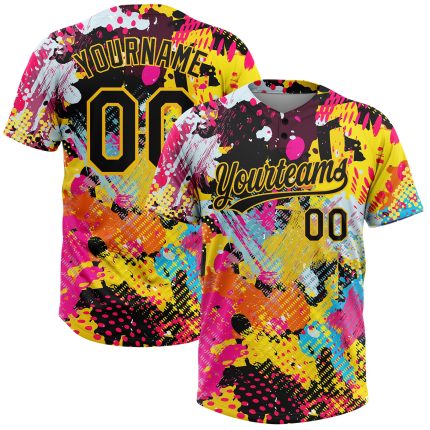 Custom Black-Gold Graffiti 3D Psychedelic Two-Button Unisex Softball Jersey with Personalized Name and Number Personalized