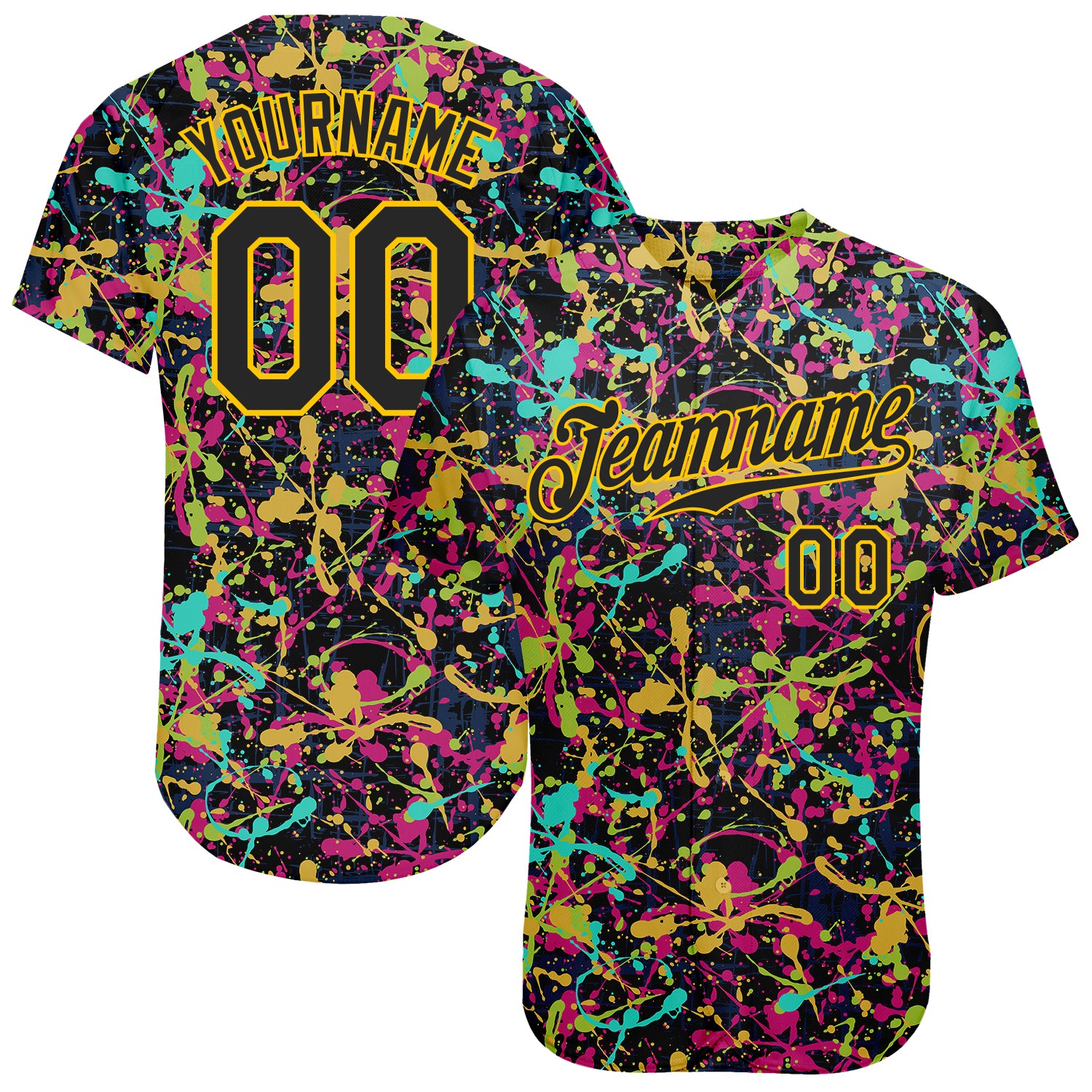 Custom Personalized Black Gold 3D Graffiti Pattern Baseball Jersey with Name and Number - Grunge Shabby Design Personalized