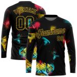 Custom Graffiti Pattern Long Sleeve Performance T-Shirt Black-Gold 3D with Team Name & Number Personalized Graffiti Pattern