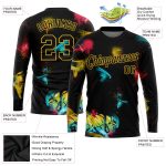 Custom Graffiti Pattern Long Sleeve Performance T-Shirt Black-Gold 3D with Team Name & Number Personalized Graffiti Pattern