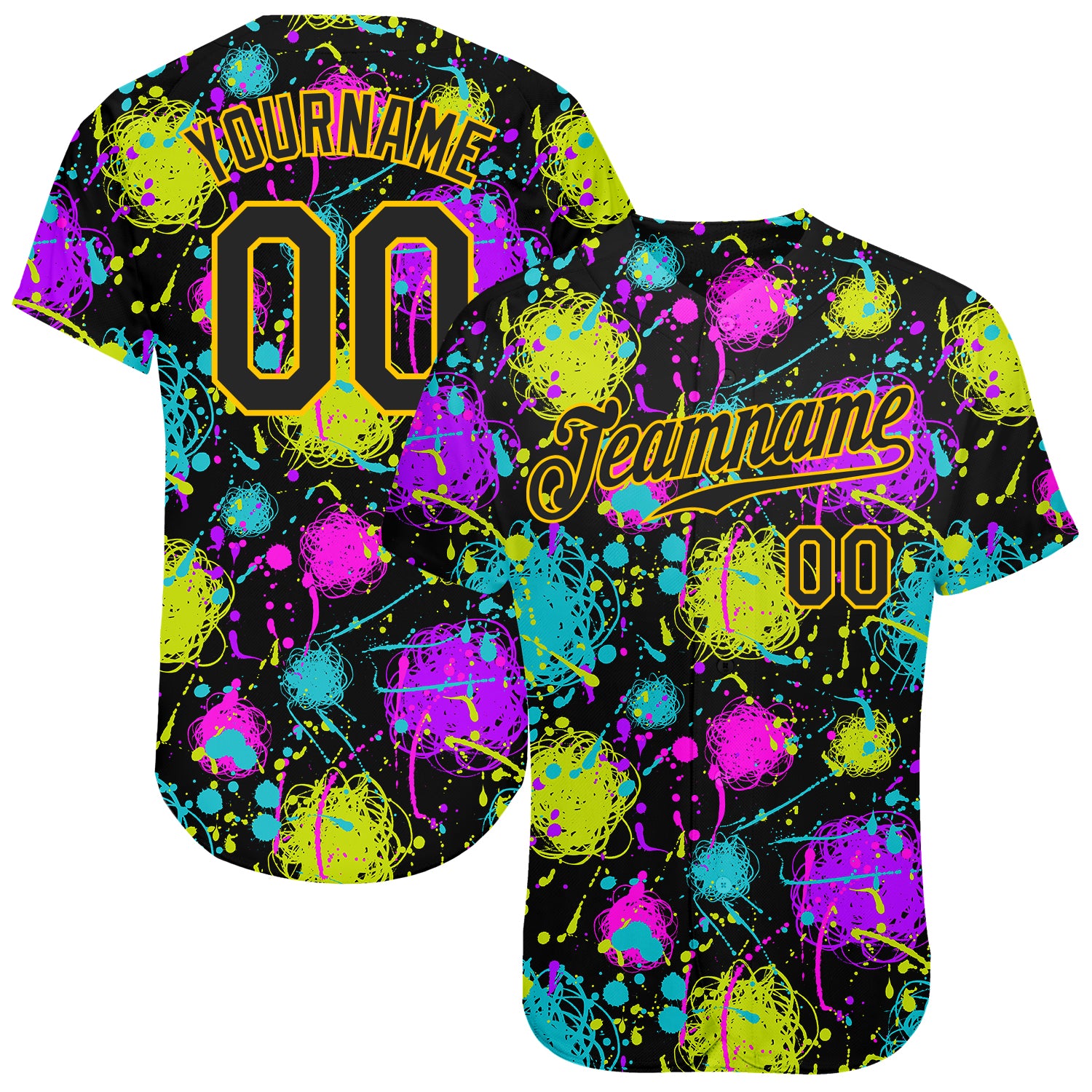 Custom Name and Number Black Gold Graffiti 3D Neon Splatter Baseball Jersey Authentic Team Design Personalized Graffiti Pattern