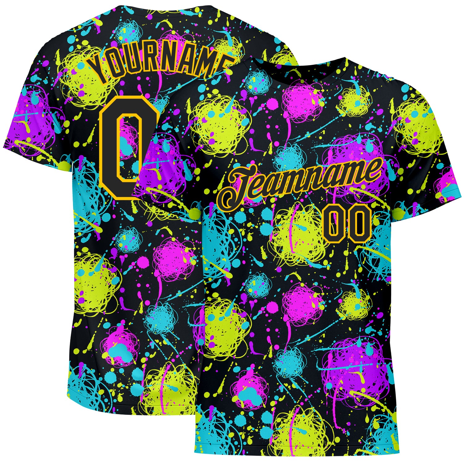 Custom Name Number Black Gold Graffiti Pattern 3D Neon Splatter Performance T-Shirt Personalized Graffiti Pattern Black-Gold
