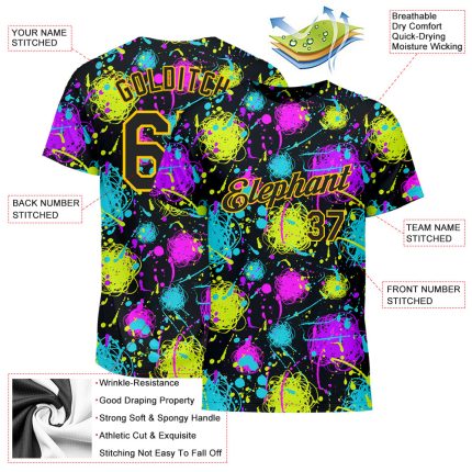 Custom Name Number Black Gold Graffiti Pattern 3D Neon Splatter Performance T-Shirt Personalized Graffiti Pattern Black-Gold