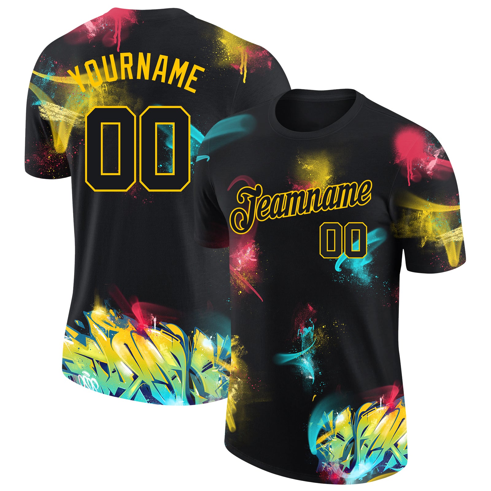 Custom Name and Number Black-Gold 3D Performance T-Shirt - Personalized Graffiti Pattern Design Personalized Graffiti Pattern