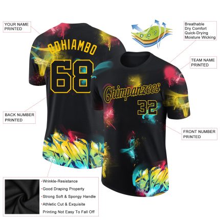 Custom Name and Number Black-Gold 3D Performance T-Shirt - Personalized Graffiti Pattern Design Personalized Graffiti Pattern