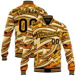 Custom Name Number Varsity Jacket Black-Gold Graffiti Pattern 3D Arrows Bright Colored Funky Bomber Full-Snap Letterman Jacket