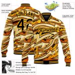 Custom Name Number Varsity Jacket Black-Gold Graffiti Pattern 3D Arrows Bright Colored Funky Bomber Full-Snap Letterman Jacket