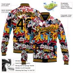 Custom Name and Number Black-Gold Graffiti Pattern 3D Bomber Varsity Letterman Jacket - Grunge Urban Street Art Style Personalized