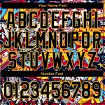 Custom Name and Number Black-Gold Graffiti Pattern 3D Bomber Varsity Letterman Jacket - Grunge Urban Street Art Style Personalized