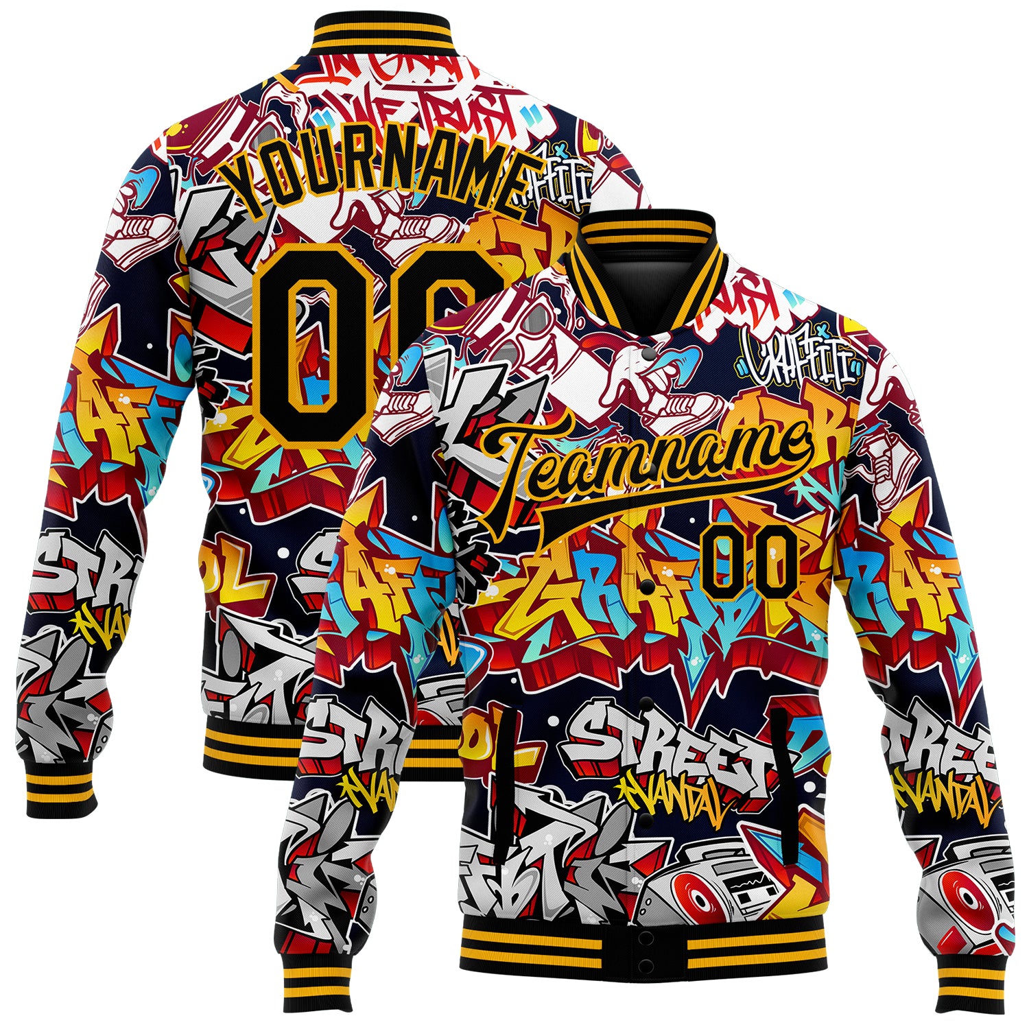 Custom Name and Number Black-Gold Graffiti Pattern 3D Bomber Varsity Letterman Jacket - Grunge Urban Street Art Style Personalized