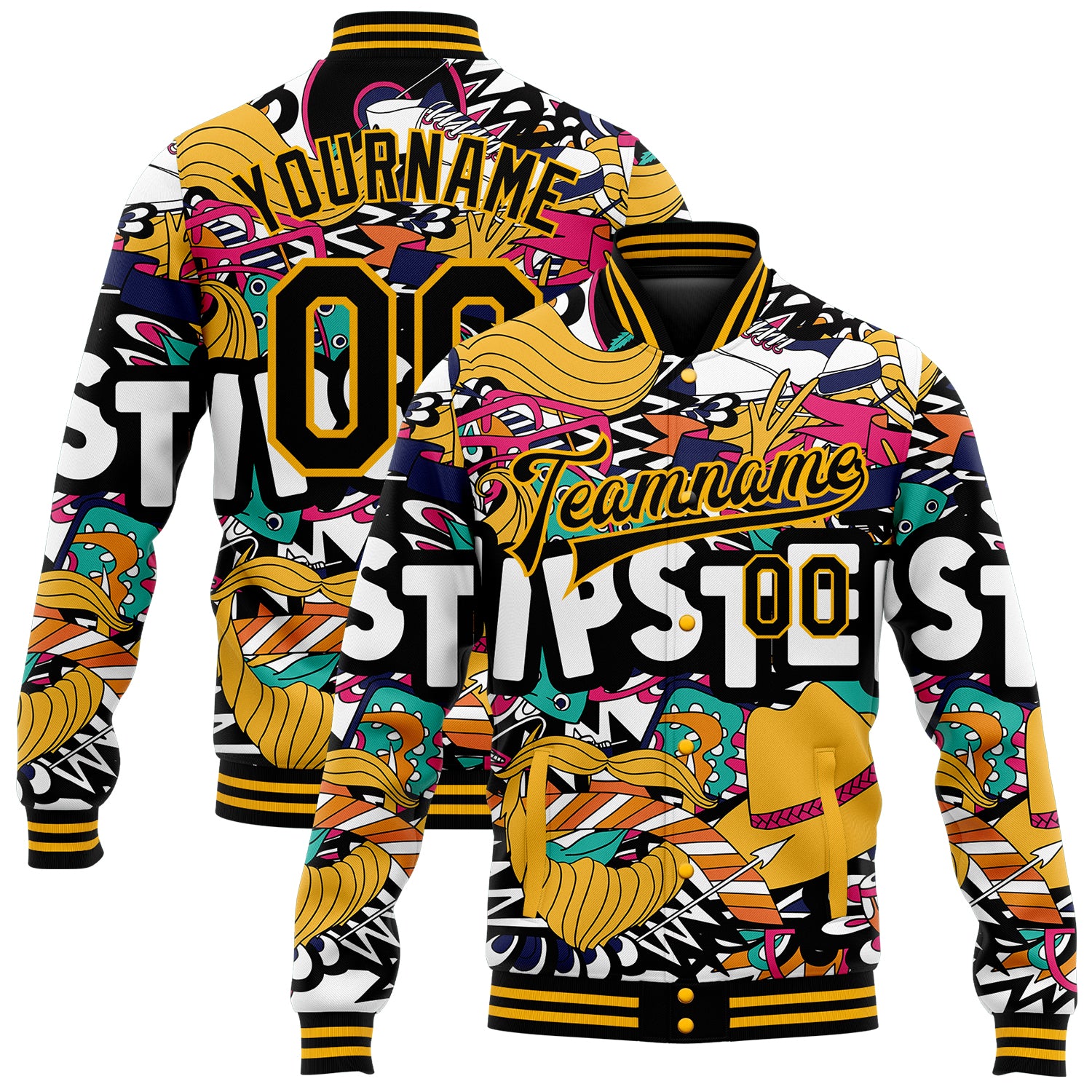 Custom Name Number Black Gold Graffiti 3D Bomber Varsity Letterman Jacket for Hipster Lifestyle Personalized Graffiti Pattern
