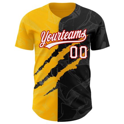Custom Black Gold-Red Graffiti 3D Baseball Jersey with Personalized Name and Number - Authentic Team Apparel Personalized