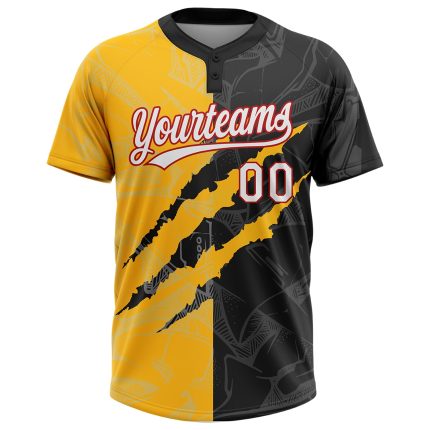 Custom Name Number 3D Graffiti Pattern Black Gold-Red Unisex Softball Jersey Two-Button Personalized Team Sports Apparel